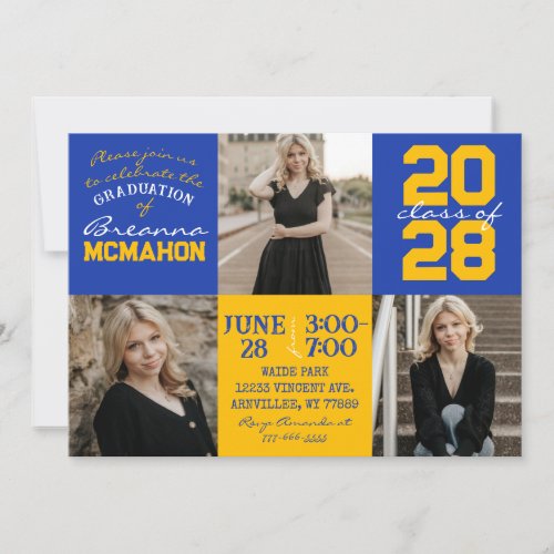 Blue  Gold Graduation 3 Photo Collage Invitation