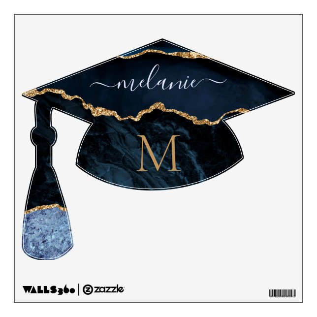 Blue Gold Graduation Cap Name Letter Wall Decal (Front)