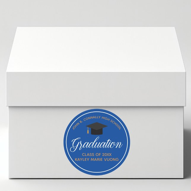 Blue Gold Graduation Custom School Graduate Classic Round Sticker (Creator Uploaded)