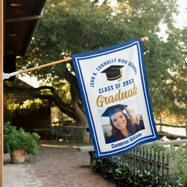 Blue Gold Graduation Customized Graduate Photo House Flag (In SItu)