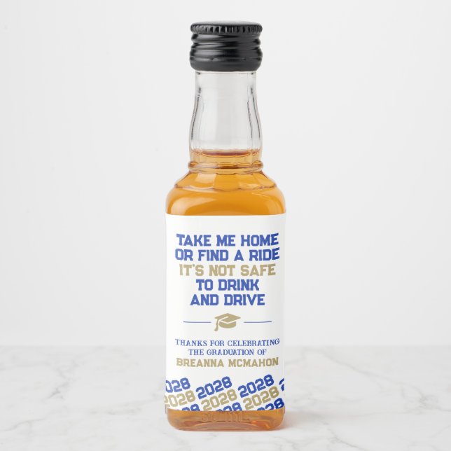 Blue & Gold Graduation Don't Drink & Drive Mini Liquor Bottle Label (Front)