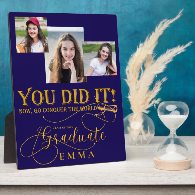 Blue Gold Graduation Multi Photo Keepsake Gift Plaque (Side)