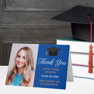 Blue Gold Graduation Photo 2026 Classic Graduate Letterpress Thank You Card