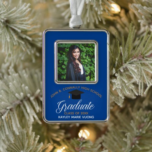 Blue Gold Graduation Photo Elegant 2024 Christmas Ornament