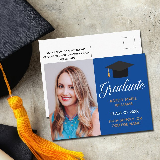Blue Gold Graduation Photo Graduate Announcement Postcard (Creator Uploaded)