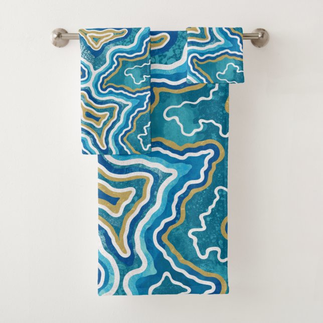 Blue Gold Graphic Agate  Bath Towel Set (Insitu)