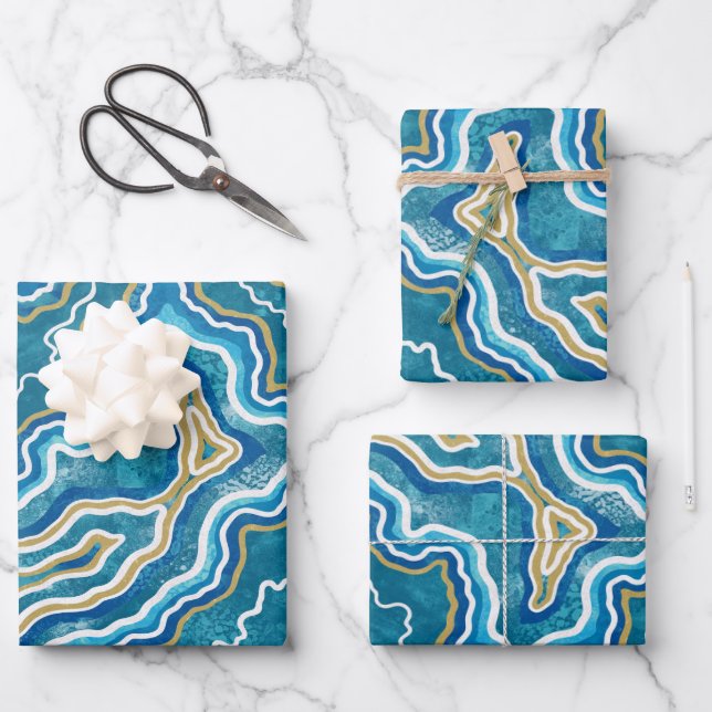 Blue Gold Graphic Agate Wrapping Paper Sheets (Front)