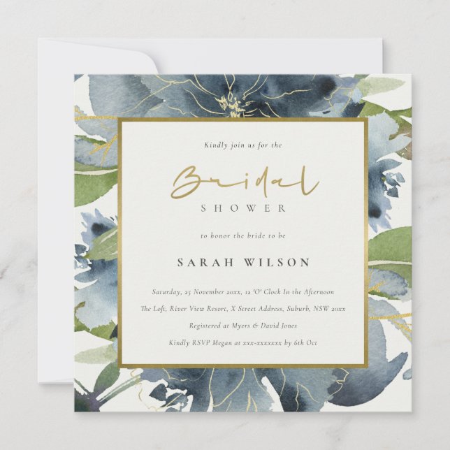Blue Gold Green Floral Watercolor Bridal Shower Invitation (Front)