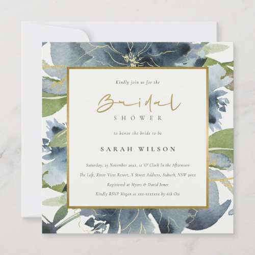 Blue Gold Green Floral Watercolor Bridal Shower Invitation
