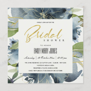 BLUE GOLD GREEN FLORAL WATERCOLOR BRIDAL SHOWER INVITATION