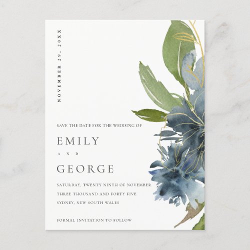 BLUE GOLD GREEN FLORAL WATERCOLOR SAVE THE DATE ANNOUNCEMENT POSTCARD