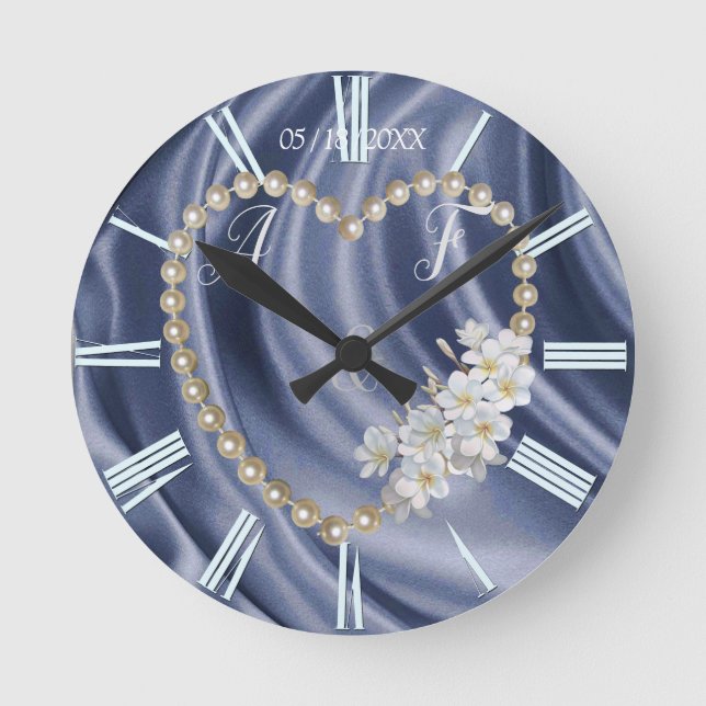 Blue,Gold,Green,Ivory,Silk & Pearls Round Clock (Front)