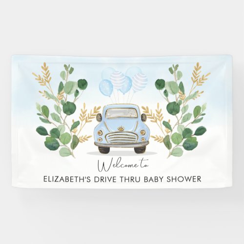 Blue Gold Greenery Drive By Baby Shower Welcome Banner