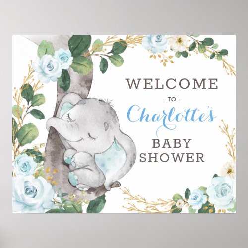 Blue Gold Greenery Elephant Wild One Baby Welcome Poster