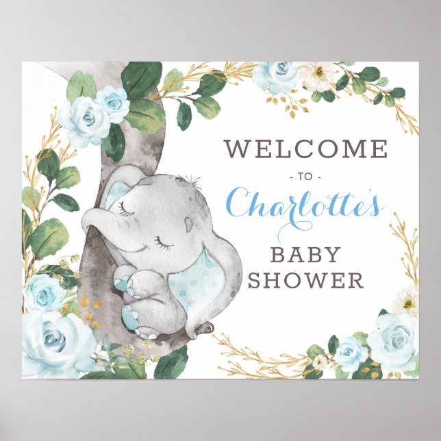 Blue Gold Greenery Elephant Wild One Baby Welcome Poster (Front)