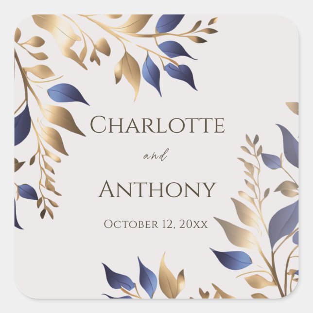 Blue Gold Greenery Modern Wedding Square Sticker (Front)