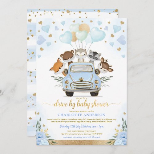 Blue Gold Greenery Woodland Drive By Baby Shower Invitation