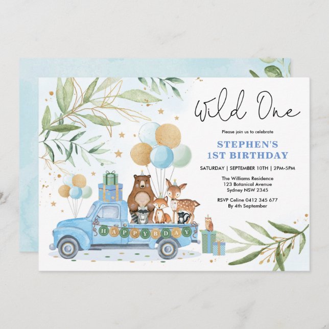 Blue Gold Greenery Woodland Wild One 1st Birthday Invitation (Front/Back)
