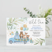 Blue Gold Greenery Woodland Wild One 1st Birthday Invitation (Standing Front)