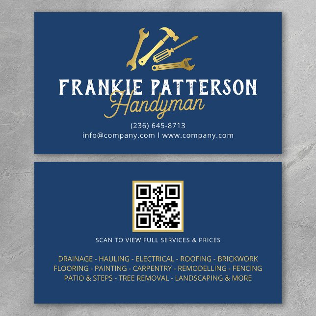 Blue Gold Handyman Repair & Maintenance QR Code Business Card (Creator Uploaded)