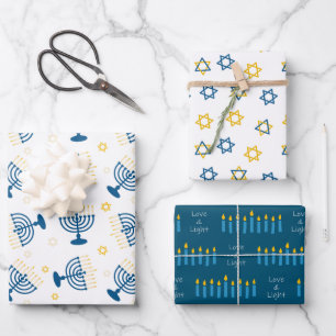 Blue & Gold Hanukkah Menorah Star of David Pattern Wrapping Paper Sheets