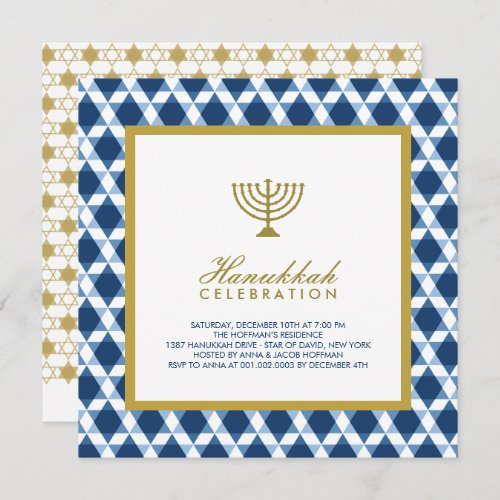 Blue Gold Hanukkah Star Of David Menorah Party Invitation
