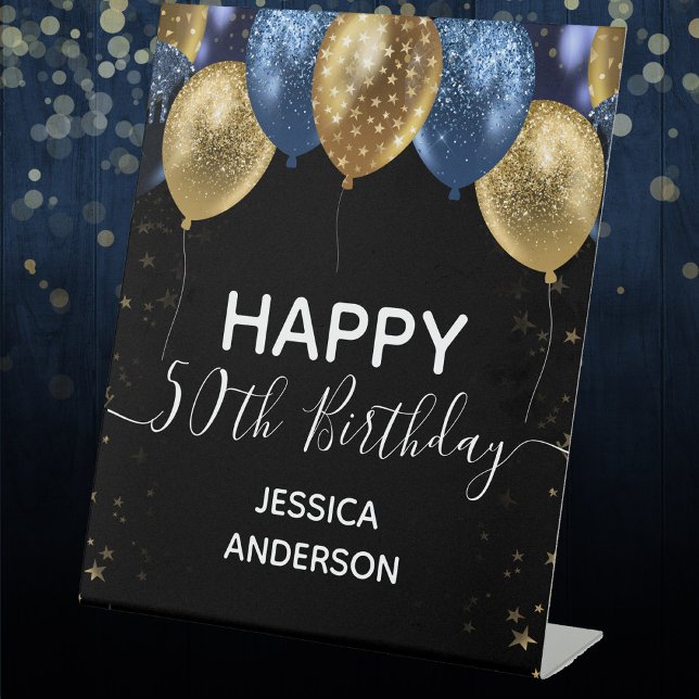 Blue Gold Happy 50th Birthday Pedestal Sign (Creator Uploaded)