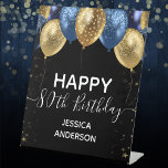 Blue Gold Happy 80th Birthday Pedestal Sign<br><div class="desc">Elegant faux blue and gold glitter balloons on the top border. All text is adjustable and easy to change for your own party needs. any year,  age can be changed</div>