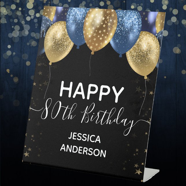 Blue Gold Happy 80th Birthday Pedestal Sign (Creator Uploaded)