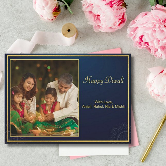 Blue Gold Happy Diwali Photo Personalized Greeting Holiday Card (Creator Uploaded)