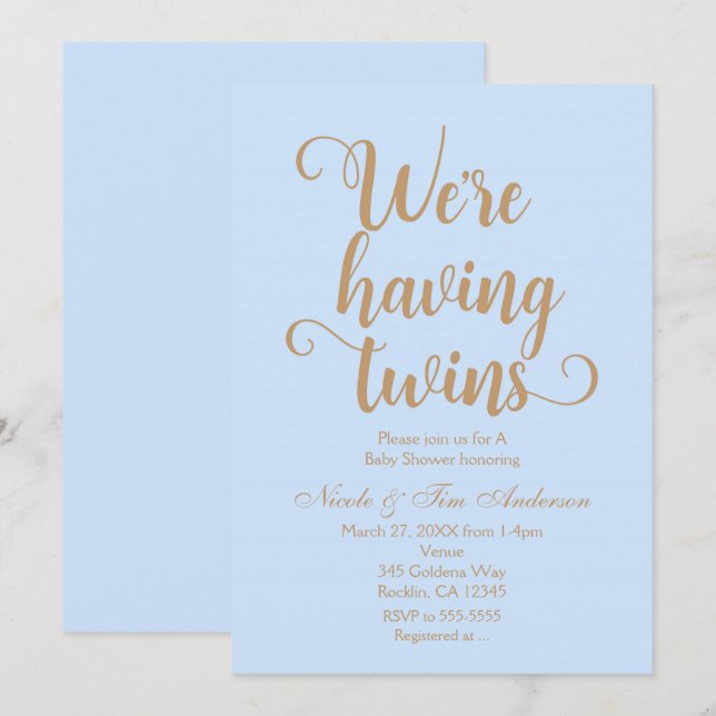 Blue & Gold Having Twins Baby Shower Invitations (Front/Back)