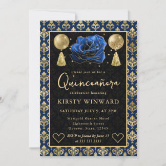 Blue & Gold Heart Damask & Rose Quinceanera Invitation