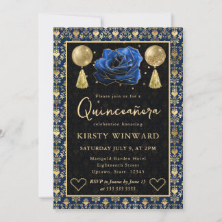 Blue & Gold Heart Damask & Rose Quinceanera Invitation