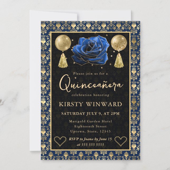 Blue & Gold Heart Damask & Rose Quinceanera Invitation (Front)