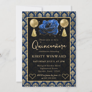 Blue & Gold Heart Damask & Rose Quinceanera Invitation