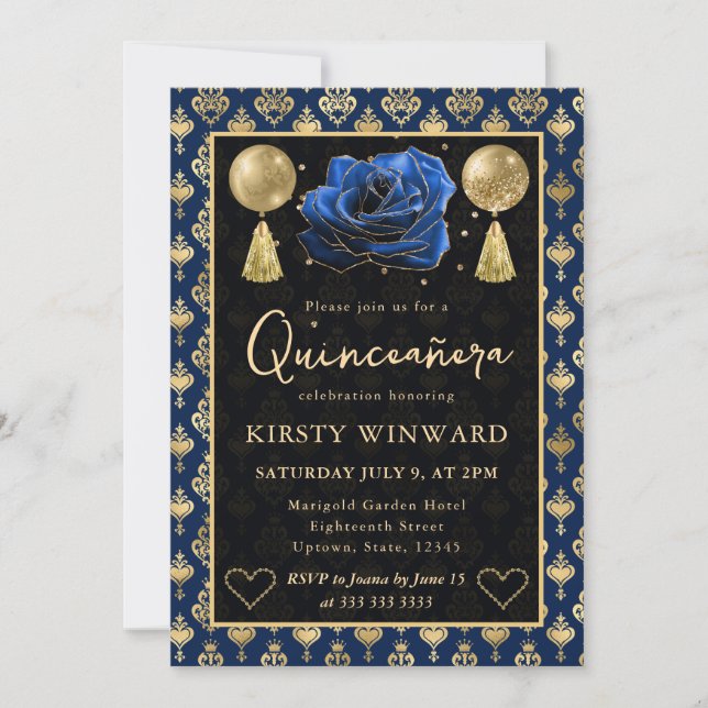 Blue & Gold Heart Damask & Rose Quinceanera Invitation (Front)