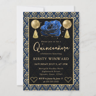 Blue & Gold Heart Damask & Rose Quinceanera Invitation