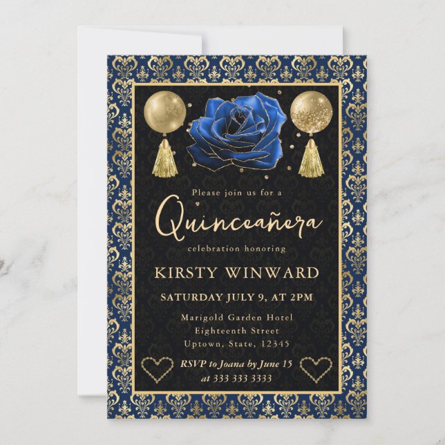 Blue & Gold Heart Damask & Rose Quinceanera Invitation (Front)