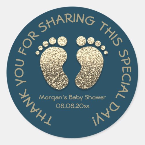 Blue Gold Heart Feet Baby Shower Favor Thank You Classic Round Sticker