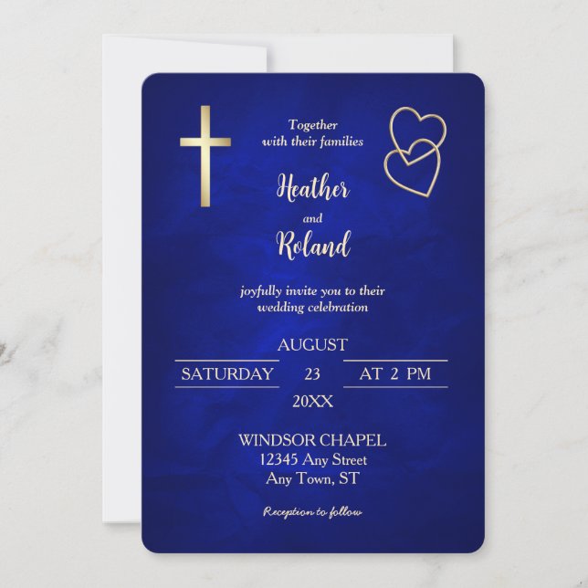 Blue Gold Hearts Christian Cross Wedding  Invitation (Front)