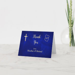 Blue Gold Hearts Christian Cross Wedding Thank You Card