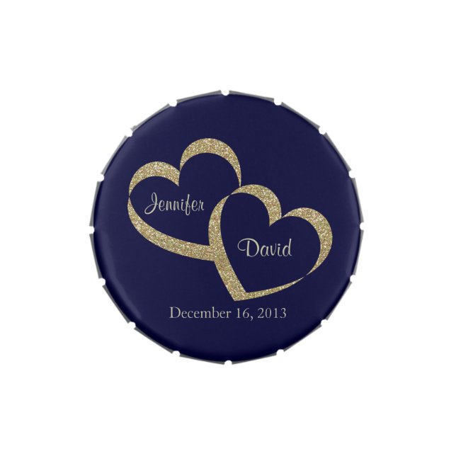 Blue & Gold Hearts Custom Wedding Candy Tin (Top)