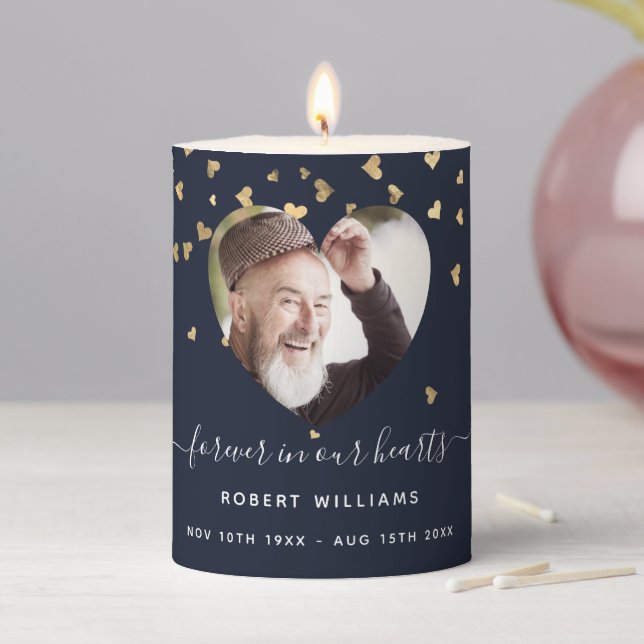 Blue gold hearts photo funeral memorial pillar candle (In Situ)