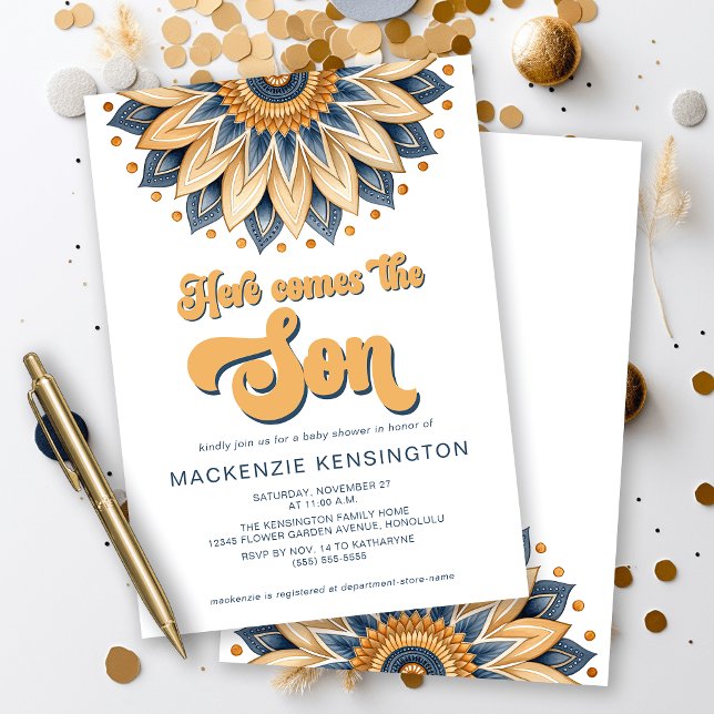 Blue Gold Here Comes The Son Baby Shower Invitation (Here comes the SON - cute navy blue and gold sunflower sunshine baby shower invitation)