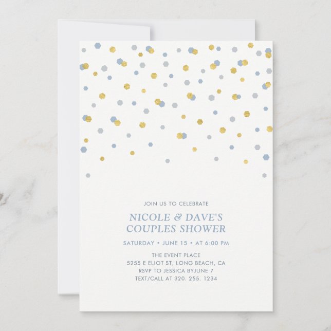 Blue, Gold Hexagon Confetti Couples Wedding Shower Invitation (Front)