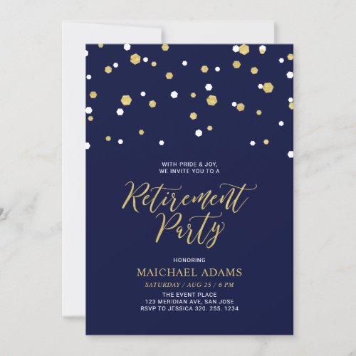 Blue  Gold  Hexagon Confetti Retirement Party Invitation