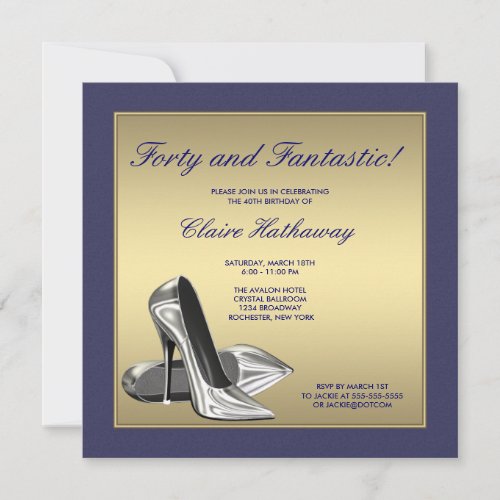 Blue Gold High Heels Womans 40th Birthday Party Personalized Announcement