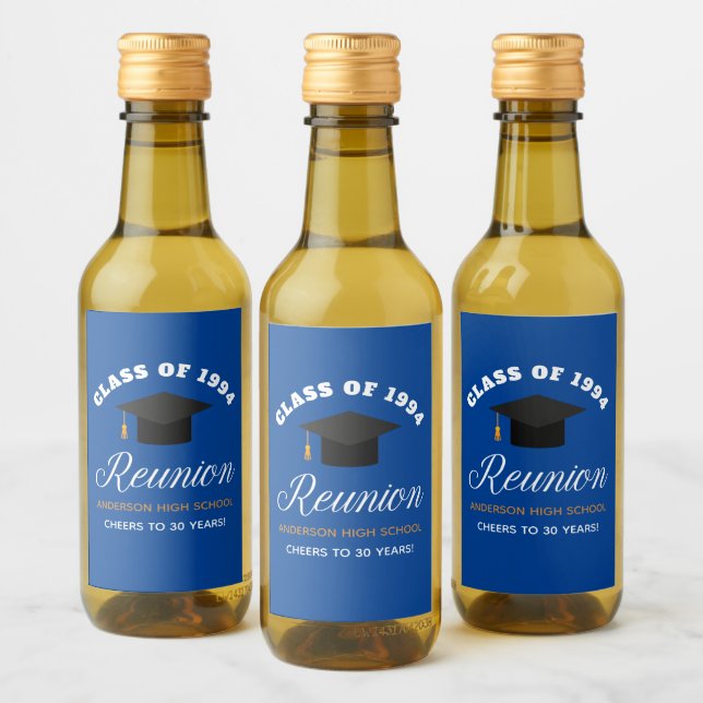 Blue Gold High School Reunion Custom Party Mini Wine Label (Bottles)