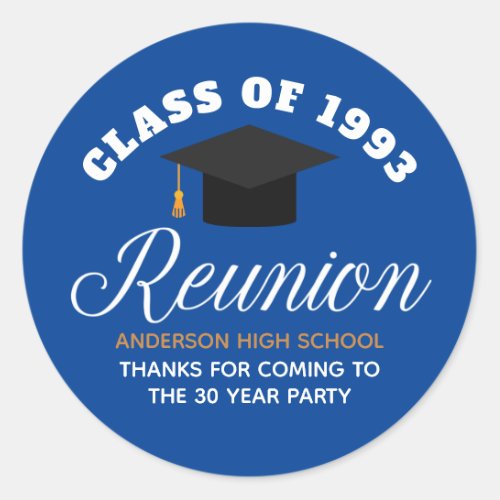 Blue Gold High School Reunion Personalized Party Classic Round Sticker