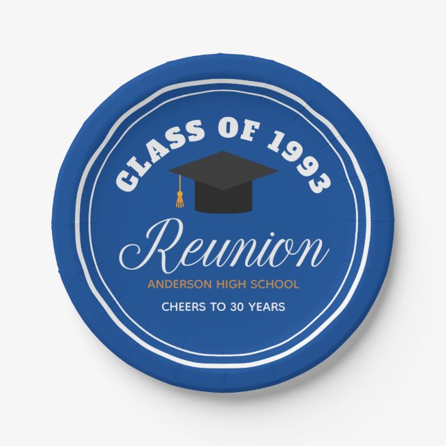 Blue Gold High School Reunion Personalized Party Paper Plates (Front)